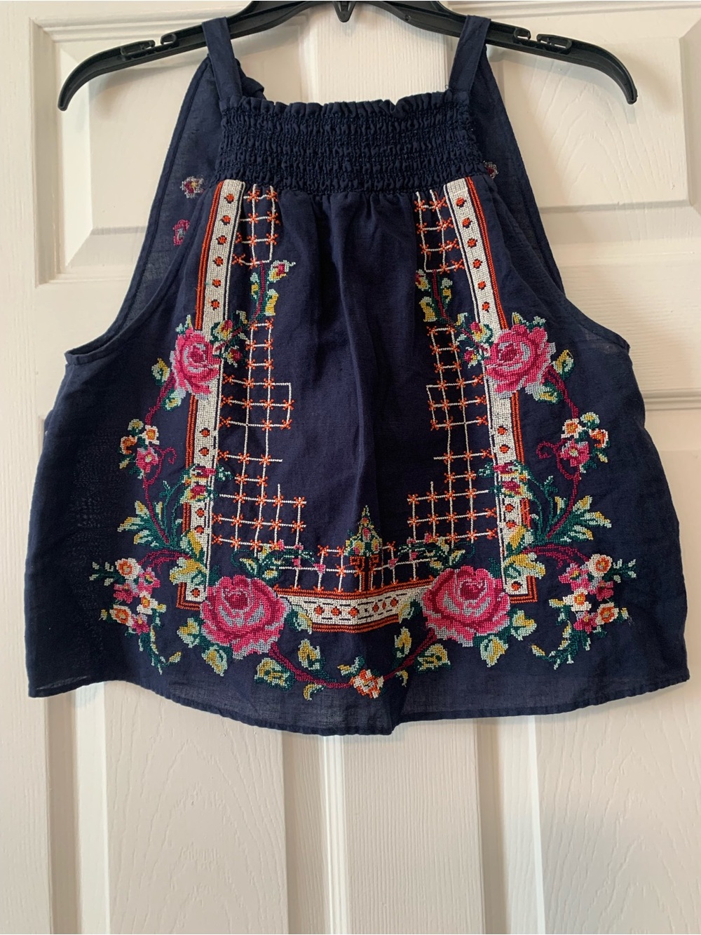 Free People Navy Embroidered Floral Halter Tank 60% Linen